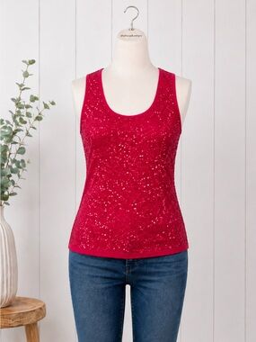 Ann Taylor LOFT Red Sequin Scoop Neck Sleeveless Tank Top Size M